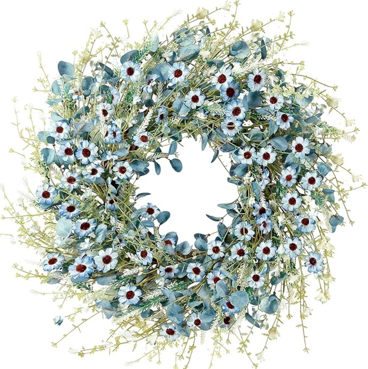 Blue Daisy Wreath 24 Inch Spring Summer Fake Silk Floral Wreath with Green Eucalyptus Leaves and Lavender for Front Door Window Wall Wedding Farmhouse Festival Decor